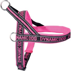 Pettorina per cani rosa con dettagli riflettenti e scritta "DYNAMIC DOG".