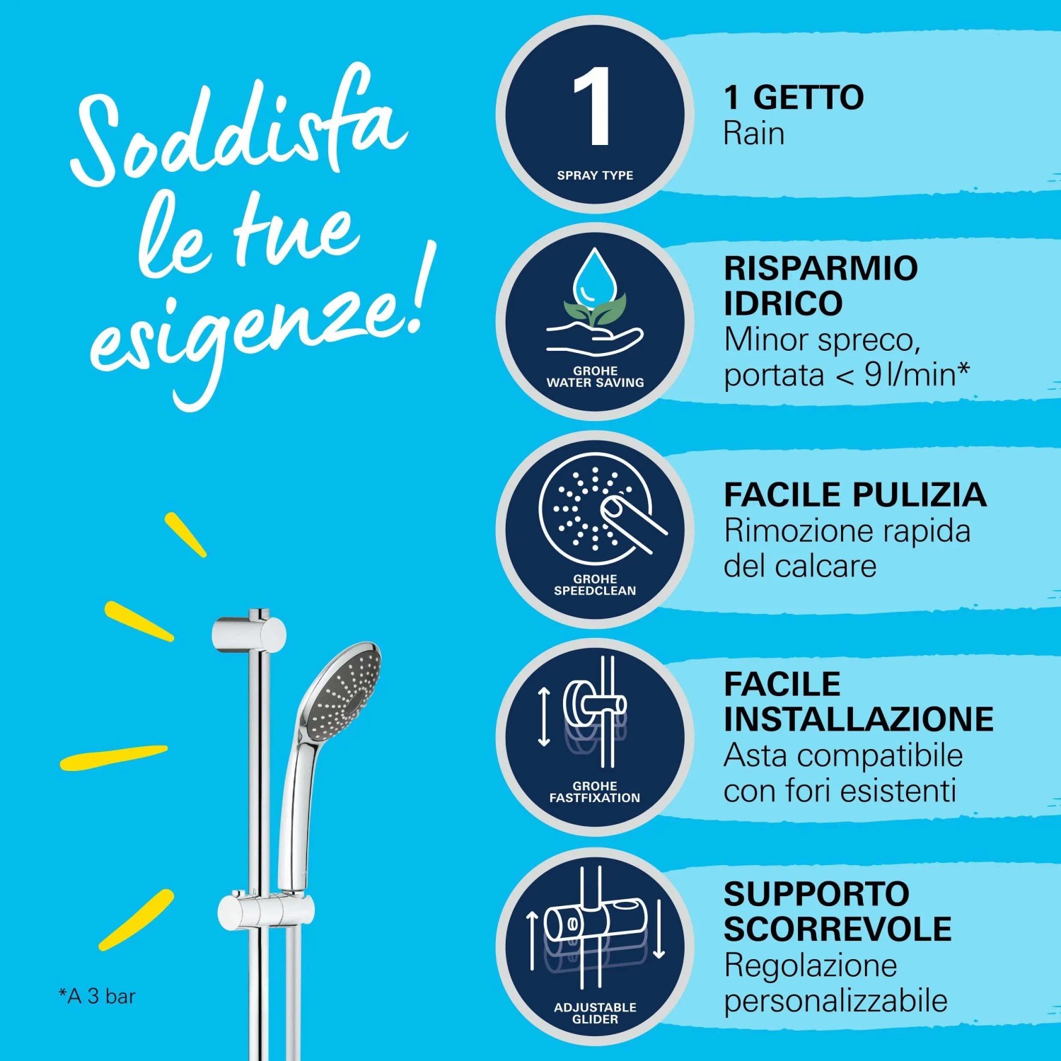 Set asta doccia Grohe QuickFix Vitalio Joy 110 Mono Chrome con doccetta e flessibile.