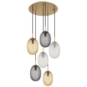 Lampada a sospensione moderna con sei paralumi in vetro colorato e sospensione dorata.