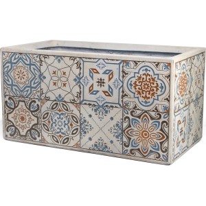 Vaso rettangolare per piante con motivo a piastrelle blu e marroni per il giardino.