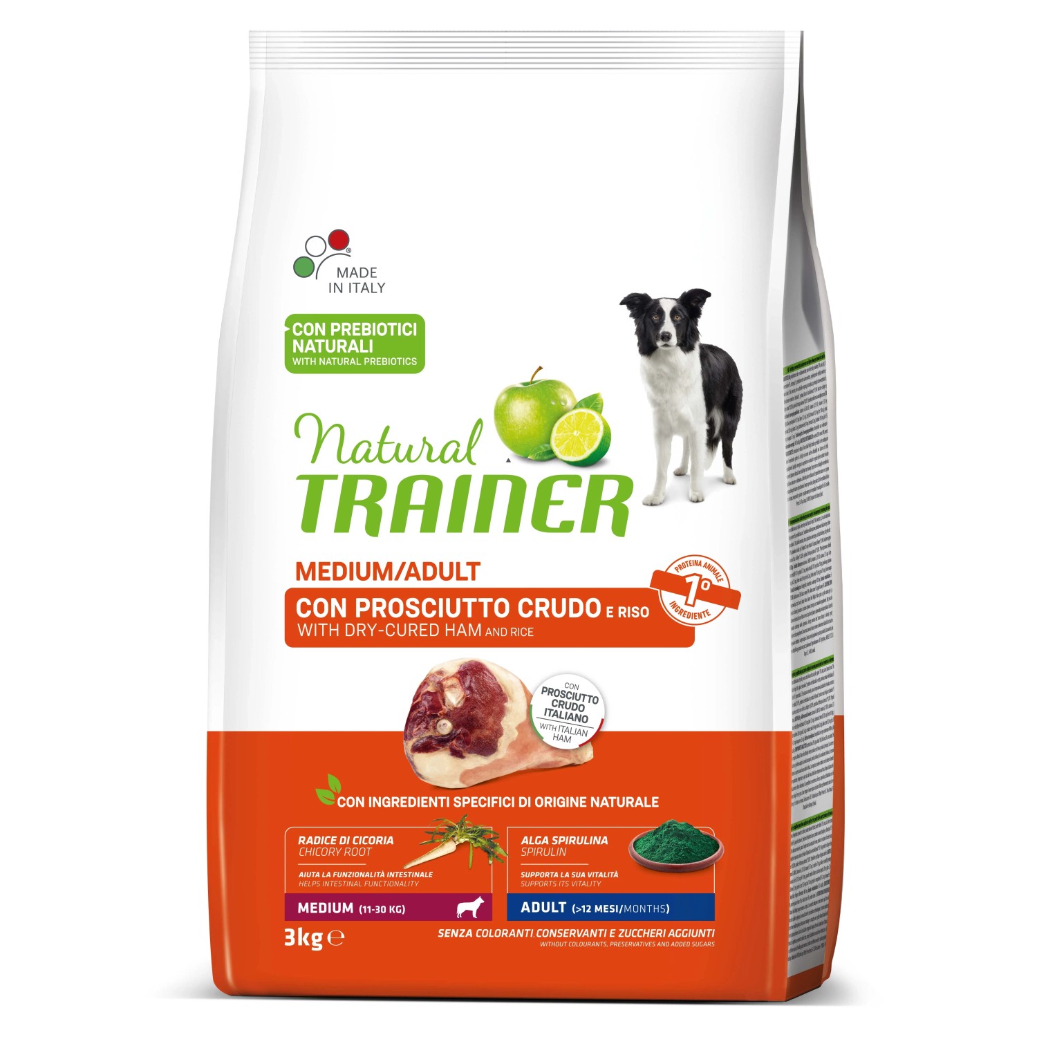 Natural Trainer cibo secco per cani, Medium/Adult con prosciutto e riso, 3kg.