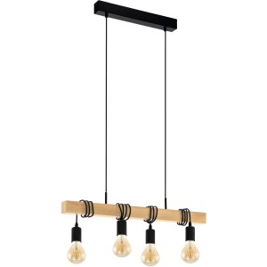 Lampada a sospensione Eglo Townshend con trave in legno e 4 portalampade neri. Design vintage/industriale.