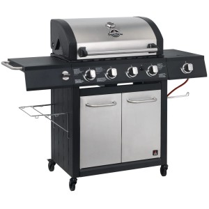 Barbecue a gas t.b.t. con cappa in acciaio inox e mobile base.
