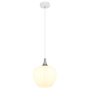 Lampada a sospensione bianca t.b.t. con paralume in vetro a coste per un'illuminazione elegante.