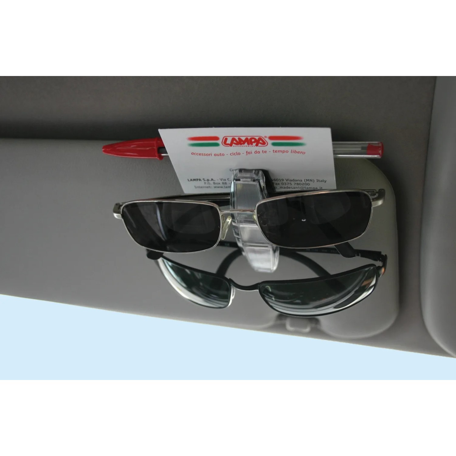 Portaocchiali da sole per aletta parasole auto con portapenne, accessorio interno auto.