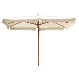 Ombrellone a braccio t.b.t. con telo color crema e struttura in legno.