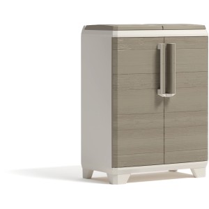 Contenitore per bidoni t.b.t. con due ante effetto legno e grigio.