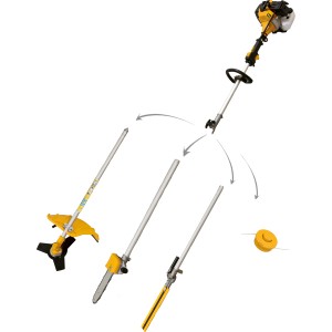 t.b.t. Decespugliatore con vari accessori, ad es. tagliaerba, tagliasiepi e motosega.