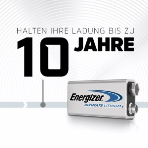 Batteria Energizer Ultimate Lithium 9V, dura fino a 10 anni, ideale per rilevatori di fumo.