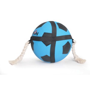 Palla blu t.b.t. con corda, un resistente gioco da masticare per cani.