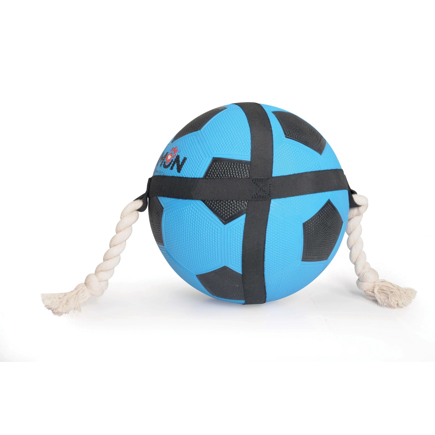 Palla blu t.b.t. con corda, un resistente gioco da masticare per cani.
