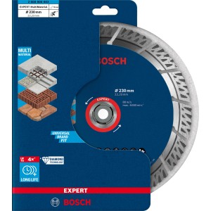 Disco diamantato Bosch Expert Multi Material, 230 mm. Per tagliare pietra, cemento e cemento armato.