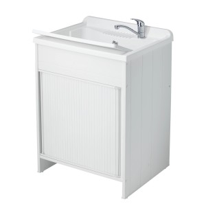 Lavabo singolo bianco t.b.t. con mobiletto e rubinetto. Per bagno o lavanderia.