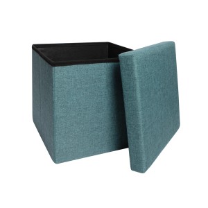 Pouf turchese aperto con coperchio rimosso.