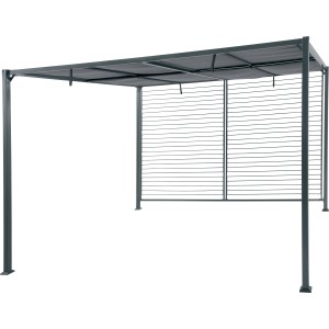 Gazebo t.b.t. grigio con parete a lamelle per il giardino.