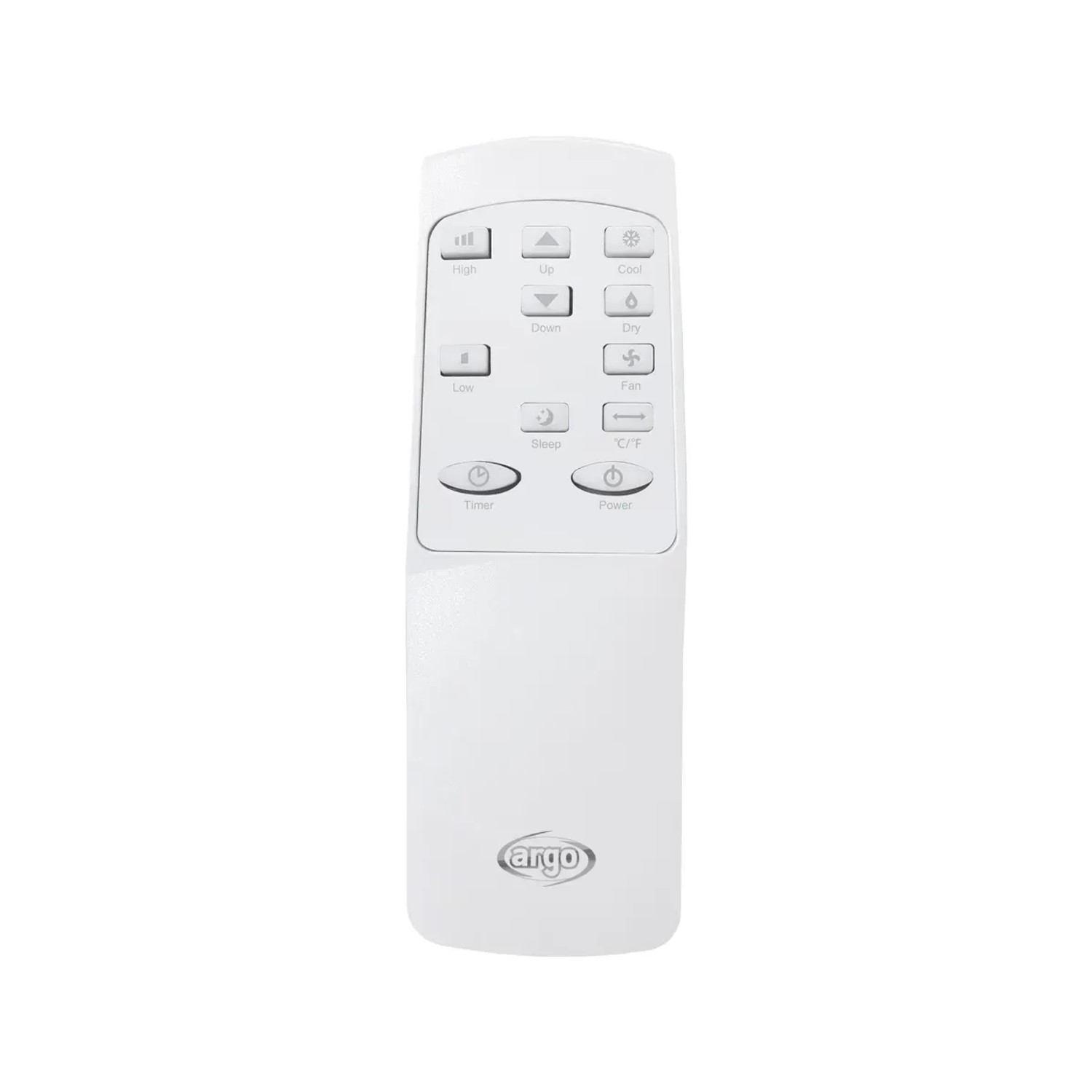 Telecomando bianco per climatizzatore t.b.t. con tasti per temperatura, ventola e timer.