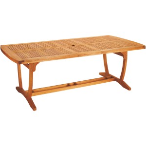 Tavolo da giardino rettangolare t.b.t. in legno con motivo a listelli e gambe curve.