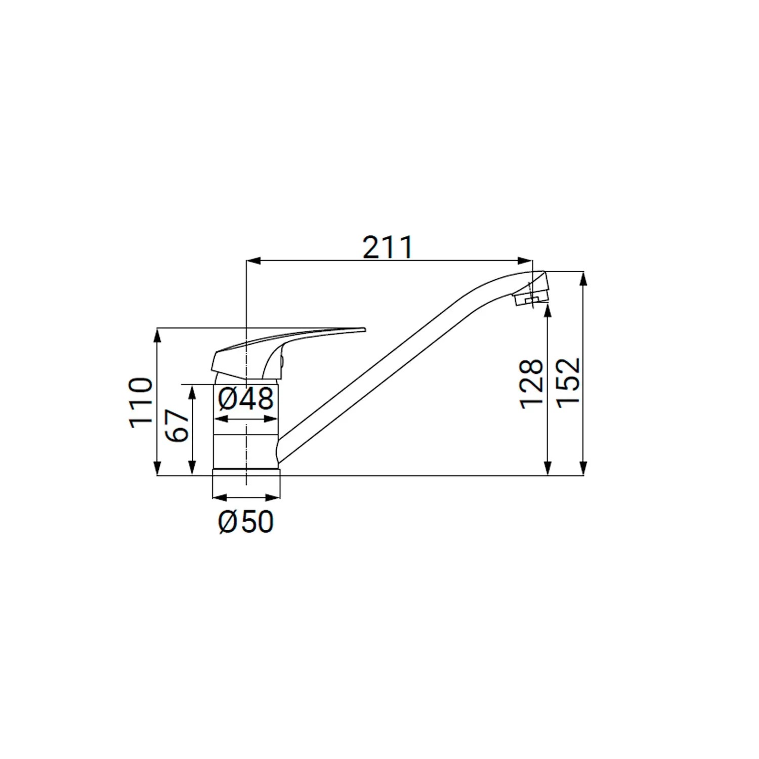 Disegno tecnico: Miscelatore monocomando t.b.t. con dimensioni.