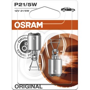 Lampada di segnalazione Osram P21/5W in blister, ricambio originale per auto e moto.