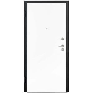 Porta blindata t.b.t. bianca con telaio nero e maniglia argento.