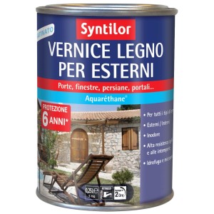 Vernice per legno Syntilor per esterni, barattolo con immagine del prodotto. Protezione legno per porte, finestre e altro.
