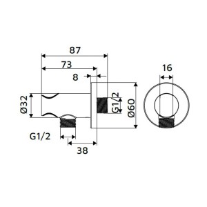 Disegno tecnico dell'accessorio doccia t.b.t. con dimensioni.