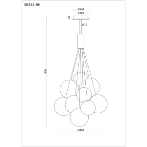 Disegno tecnico della lampada a sospensione t.b.t. con dimensioni.