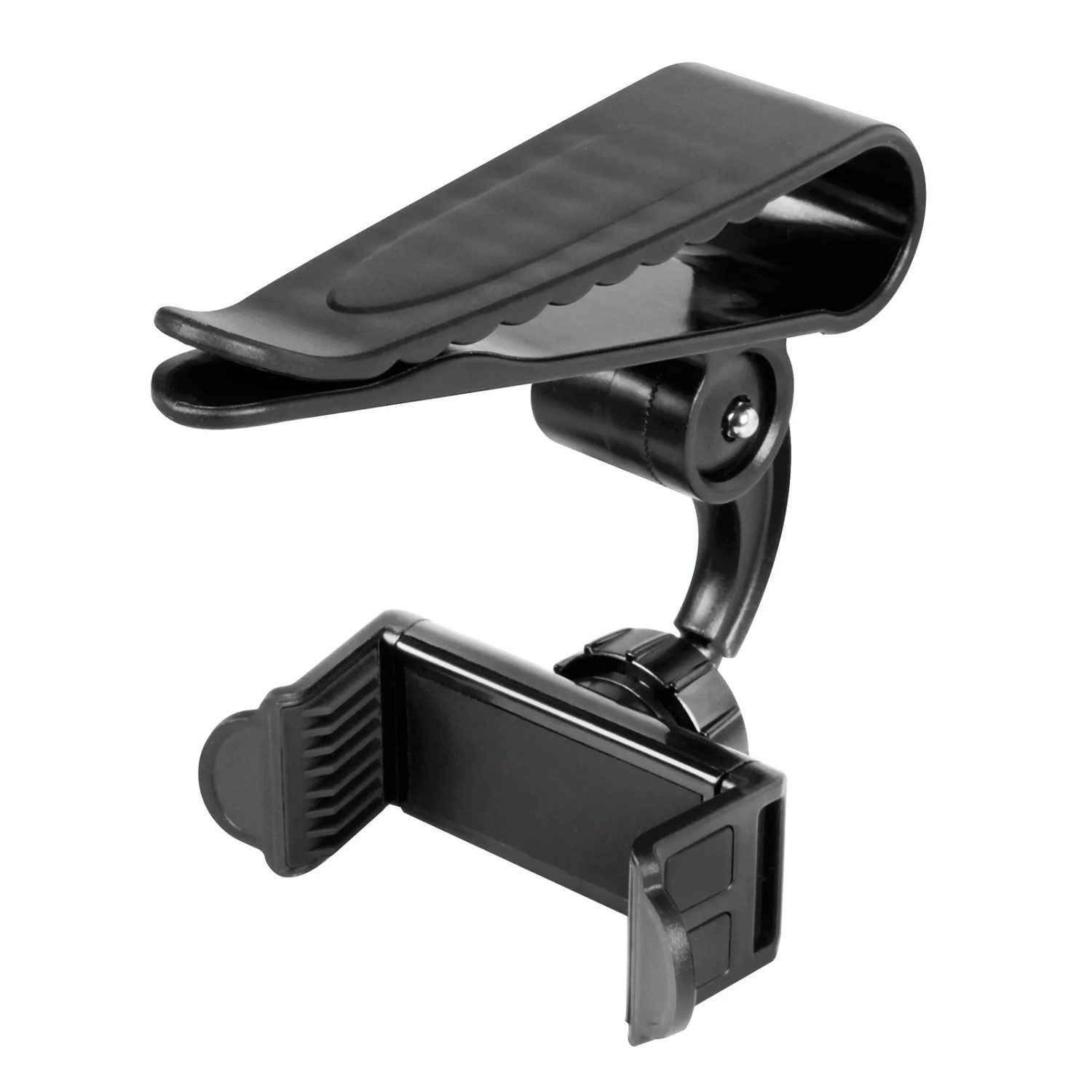 Supporto per cellulare nero per parasole auto, accessorio interno auto.