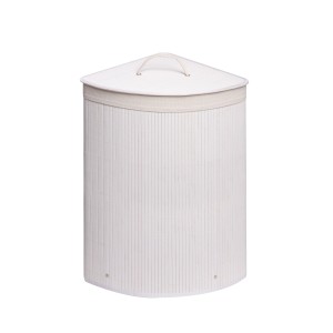 Cesto portabiancheria bianco rotondo in bambù con coperchio per il bagno.