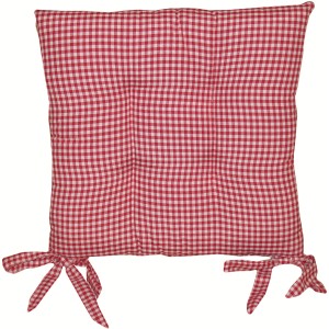 Cuscino per sedia a quadri rossi e bianchi con lacci.