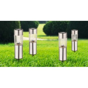 Set di 4 luci solari Globo in acciaio inox con picchetto per il giardino.