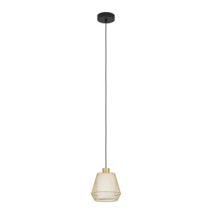 Lampada a sospensione moderna con paralume color oro per un'illuminazione elegante.