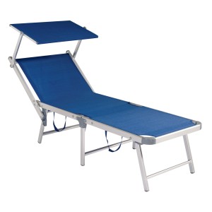 Lettino prendisole blu con tettuccio, ideale per giardino e terrazza.