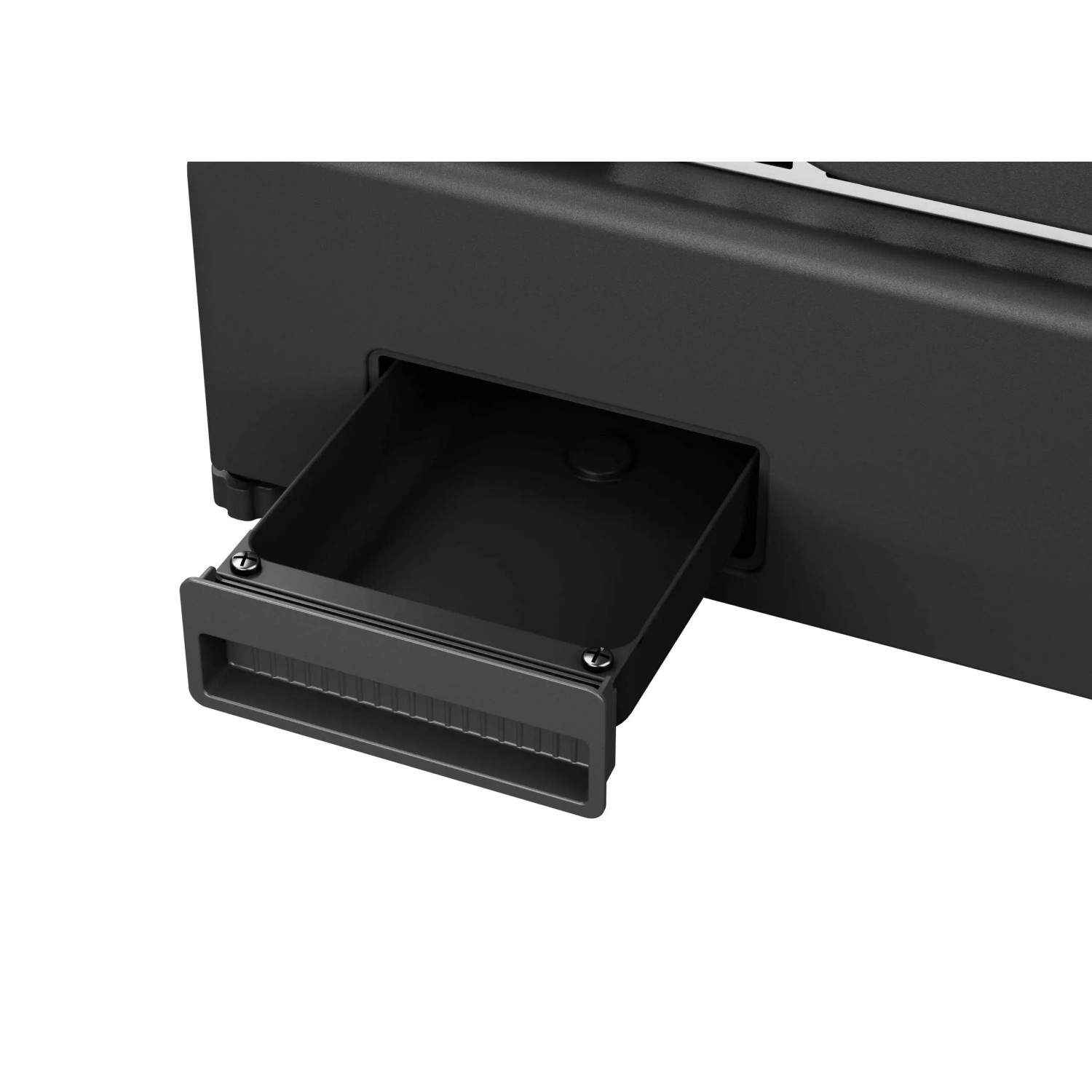 Dettaglio di un fornello da campeggio nero t.b.t. con cassetto estratto.