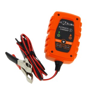 Caricabatterie automatico arancione per batterie auto 6V/12V con morsetti.