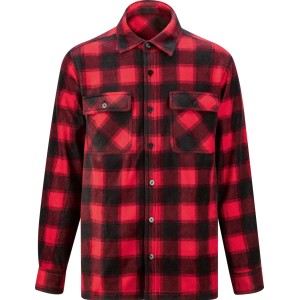 Camicia in pile da boscaiolo a quadri rossi e neri. Abbigliamento da lavoro robusto con tasche e bottoni.