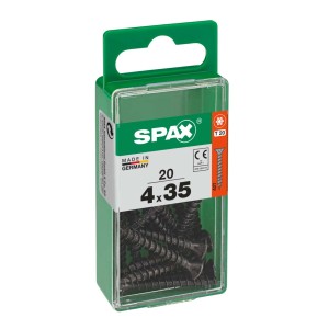 Viti universali Spax, 4x35 mm, zincate, nere, 20 pezzi in confezione verde.