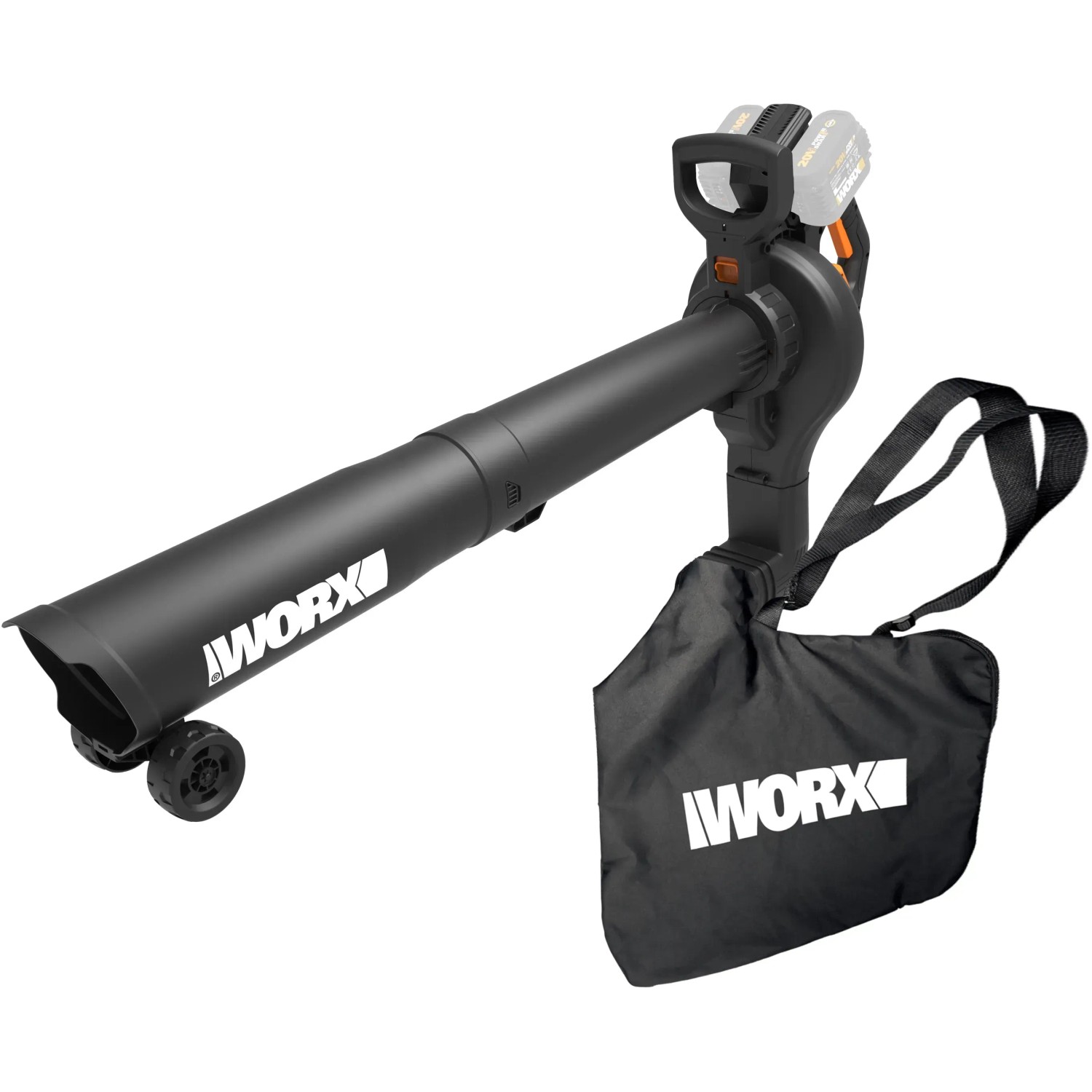 Worx WG583E.9 soffiatore/aspiratore a batteria solo: Soffiatore con sacco di raccolta e ruote.