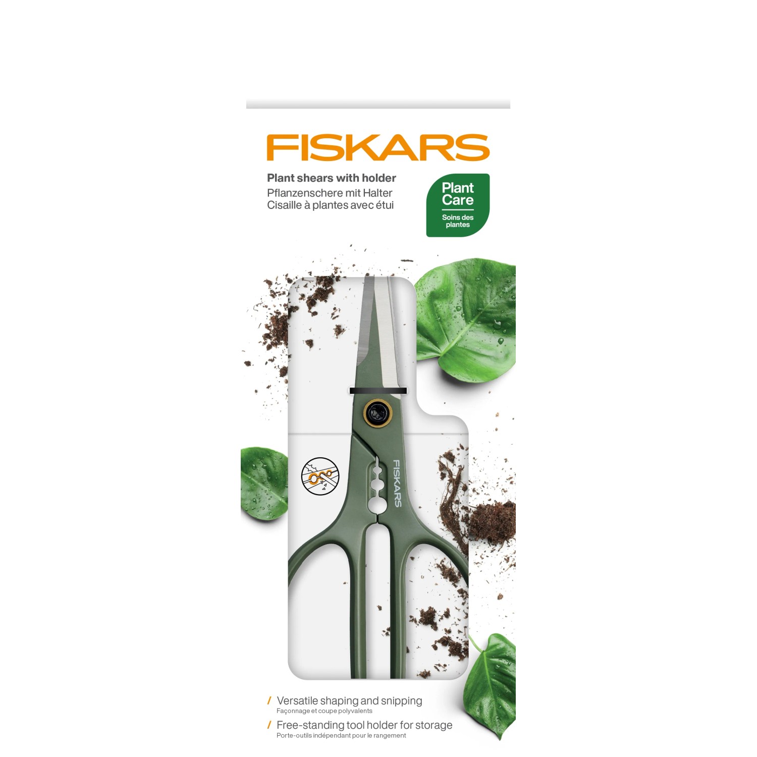 Forbici da giardinaggio Fiskars con supporto, manici verdi, ideali per piante da interno e fiori.