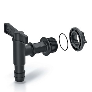 Rubinetto nero con guarnizione e dado per serbatoi acqua piovana.