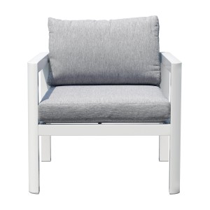 Poltrona t.b.t. con cuscino grigio e struttura bianca per patio e giardino.