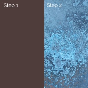 Due passaggi per la colorazione: Marrone (Passaggio 1) e patina blu (Passaggio 2).