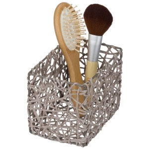 Cesto portaoggetti Wenko Curly Taupe con spazzola e pennello trucco, accessorio bagno.