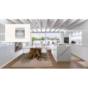 Cucina moderna con tavolo da pranzo su base a ceppo d'albero e lampada da parete Torce minimalista.