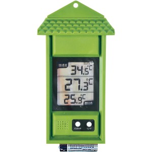 Termometro digitale da esterno verde a forma di casetta per la misurazione della temperatura.