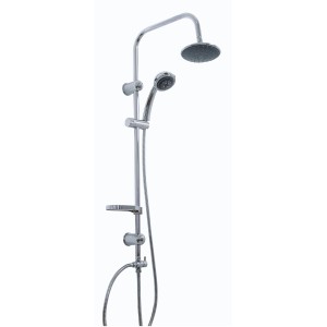 Colonna doccia cromata con soffione e doccetta, mensola per accessori bagno.