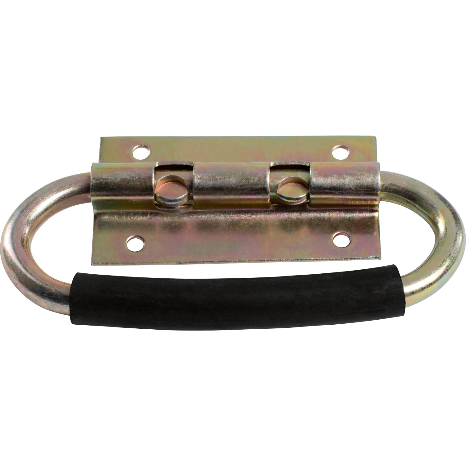 Maniglia per cassa zincata gialla (130x45mm) con impugnatura nera per un facile trasporto.