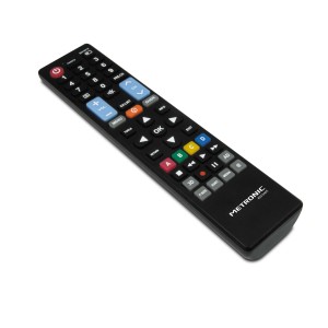 Telecomando nero per accessori video con pulsanti per funzioni TV.