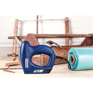 Cucitrice elettrica blu per graffette e chiodi.