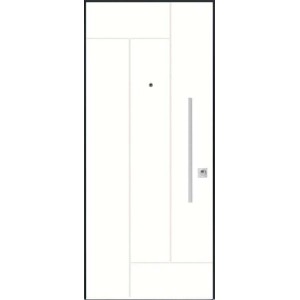 Porta blindata bianca con design lineare e telaio nero.